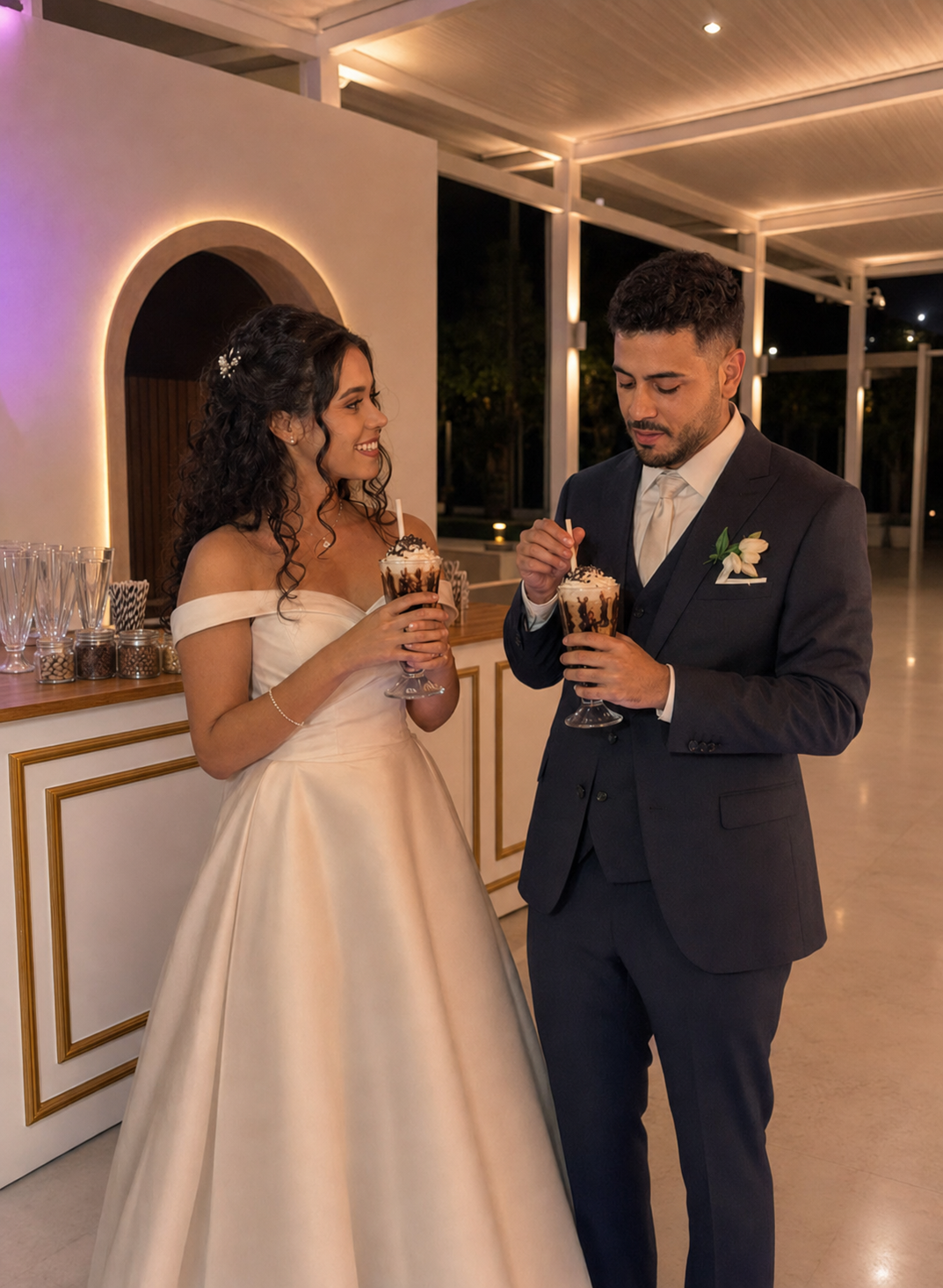 Noivos aproveitando milkshakes em seu casamento