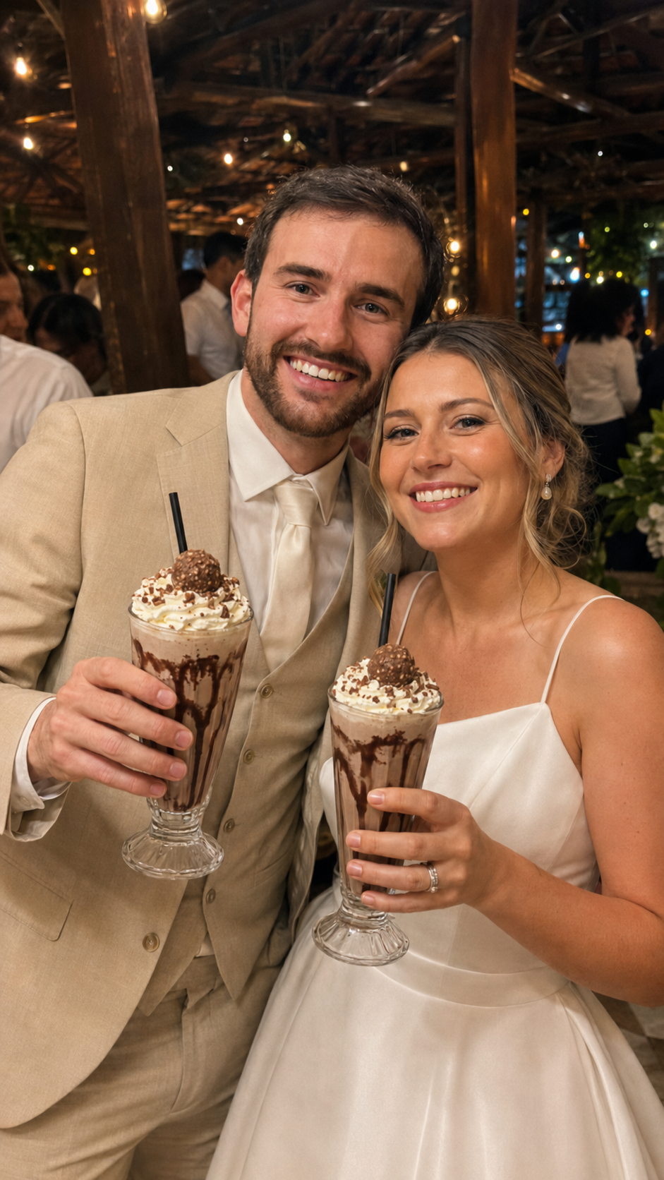 Noivos brindando com milkshake em casamento em Guaratinguetá, Taubaté e São José dos Campos
